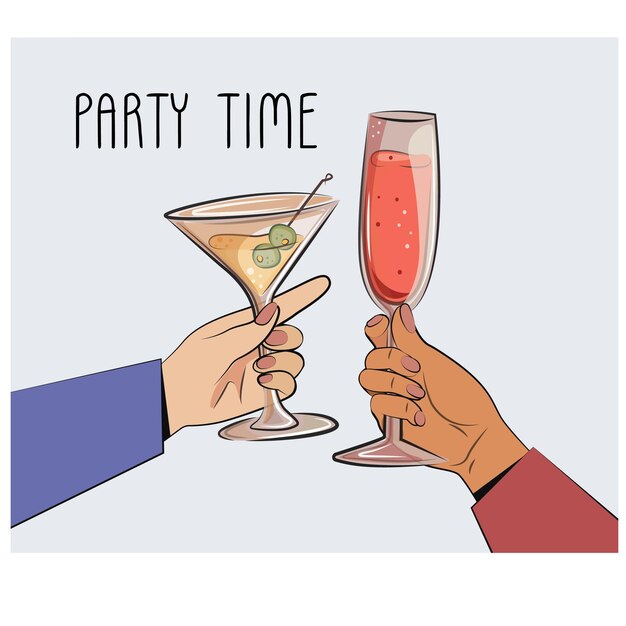Copa de vino de cristal martini champán bebidas alcohólicas en la fiesta invitaciones a la fiesta tarjeta de cumpleaños copas vectoriales en las manos diferentes colores de piel aislados en el diseño del menú del restaurante del bar blanco guardar la fecha