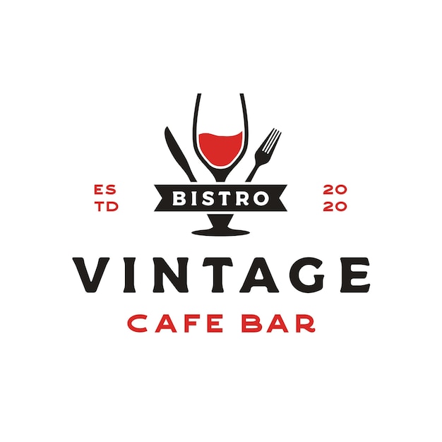 Vector copa de vino cuchara tenedor cuchillo restaurante vintage retro bar bistro diseño de logotipo