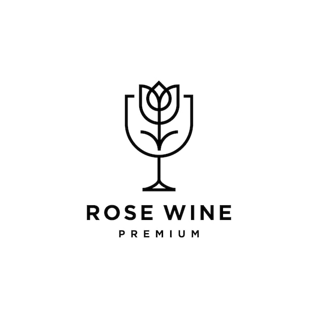 copa de vino y diseño de logotipo de línea de flor de rosa