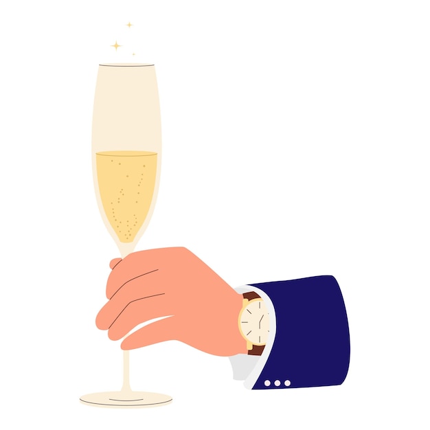 Vector una copa de vino en la mano de un hombre, champán en la manos de un tipo, ilustración vectorial.