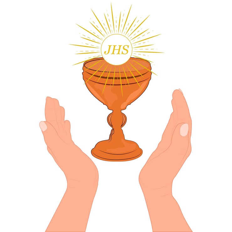 Vector la copa con vino y pan simboliza la sangre y el cuerpo de cristo.