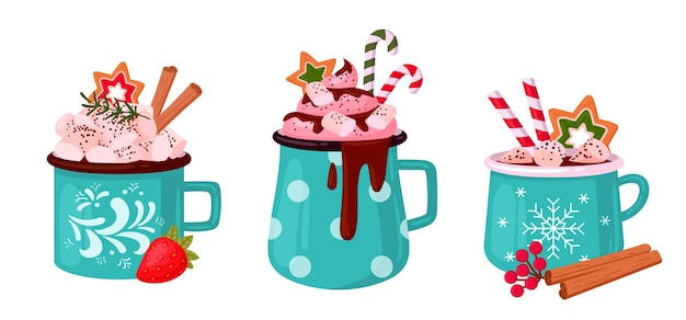 Copas de bebidas calientes de Navidad Copas de bebida caliente de Navidad Tazas festivas con cacao caliente con malvavisco y palillos de canela Decoración conjunto de ilustraciones vectoriales planas Bebidas de vacaciones de invierno