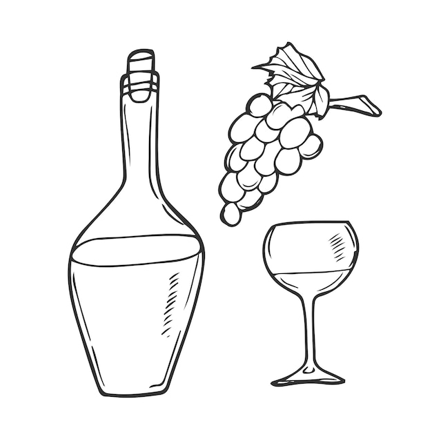 copas de botella con vino y conjunto vacío icono pegatina boceto dibujado a mano estilo doodle minimalismo