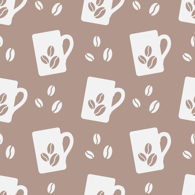 Copas de café blancas sobre fondo marrón con patrón sin costuras vectorial
