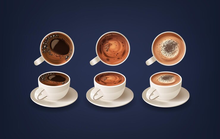 Vector copas de café con burbujas de espuma y salpicaduras de chocolate 3d realista porcelana vectorial tazas de espresso