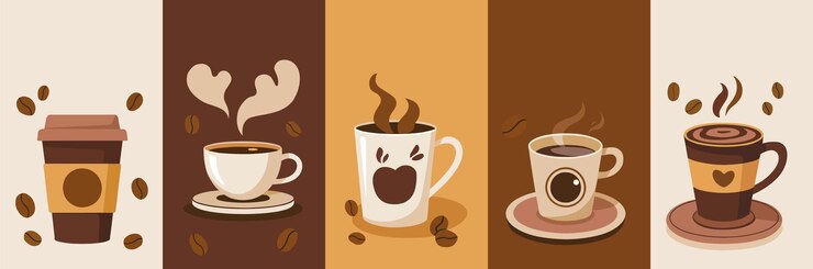 Vector copas de café y granos de café