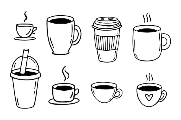 Copas de café juego de garabateo taza de café señales de línea dibujadas a mano resumen tazas de café ilustración vectorial