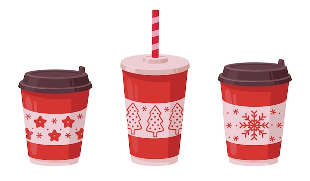 Copas de café de Navidad Copas de papel rojo de dibujos animados con café caliente, té o cacao Copa de café con bebidas calientes conjunto de ilustraciones vectoriales planas