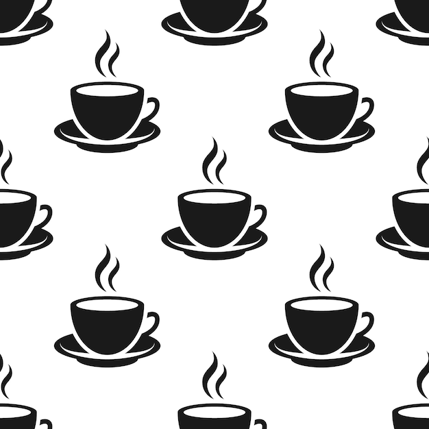 Copas de café negras humeantes en platos sobre fondo blanco patrón sin costuras vectorial