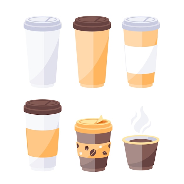 Copas de café de papel para llevar capuchino con leche y copas de espresso simuladas de cerámica y papel