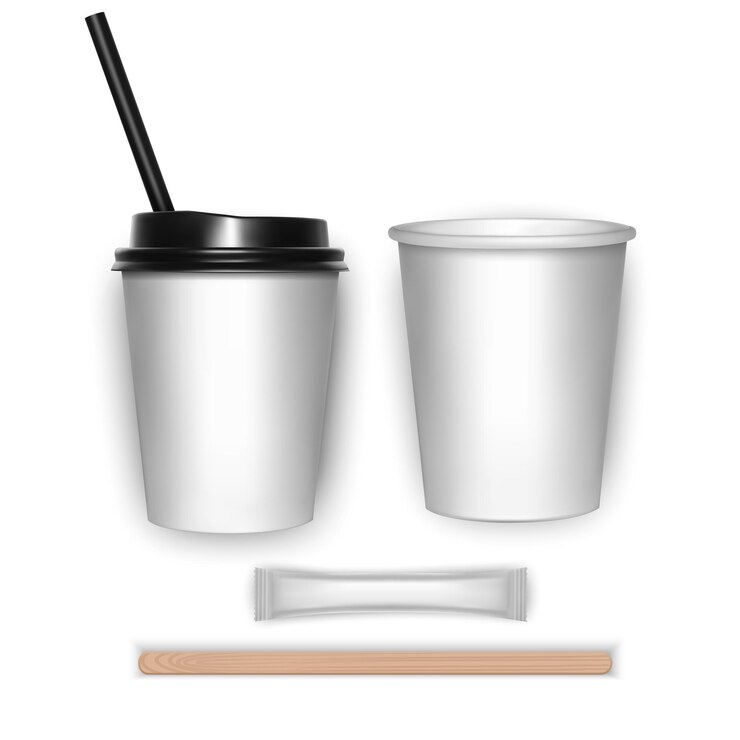 Vector copas de café, paquetes de azúcar de paja y palillos de agitación