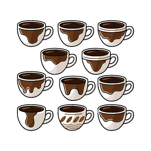 Copas de café con patrones de goteo únicos Conjunto de iconos Conjunto vectorial de doce tazas de café con goteo creativo
