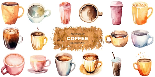 Copas de café pintadas con acuarela vectorial con elementos de diseño dibujados a mano aislados sobre un fondo blanco