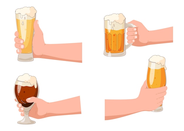 Vector copas de cerveza en las manos bebidas alcohólicas ligeras amigos en un pub o bar de cerveza fiesta con alcohol