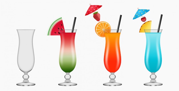 Vector copas de cóctel vacías y llenas. coloridos cócteles con frutas