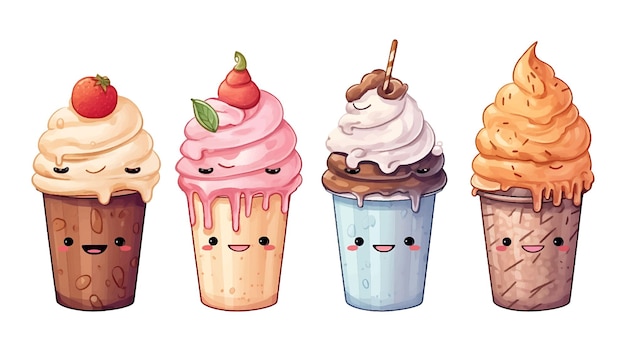 Copas de helado de dibujos animados en acuarela sobre un fondo blanco