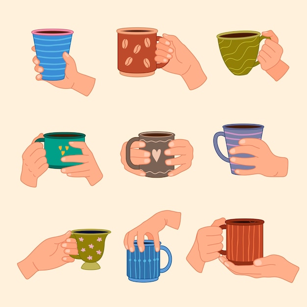 Copas en la mano Personas que sostienen varias tazas calientes con productos vaporizantes líquidos tazas de café o té conjunto de vectores recientes
