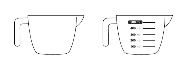 Copas de medición en blanco y con una escala gráfica de volumen de 500 ml Contenedor líquido de medio litro para cocinar Ilustración del contorno vectorial