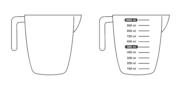 Copas medidoras de 1 litro de volumen con y sin escala de capacidad Contenedores líquidos para cocinar Ilustración gráfica vectorial