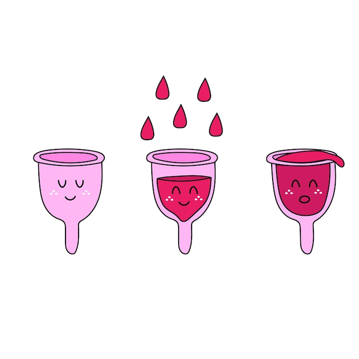 Vector copas menstruales dibujadas a mano iconos vectoriales para instrucciones y tutoriales