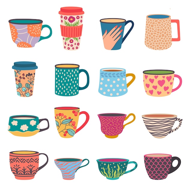 Copas de moda. tazas de café y té en estilo escandinavo. vaso de papel de vista lateral con motivos florales modernos. conjunto de vectores de porcelana colorida. taza de bebida de ilustración, taza de té de café