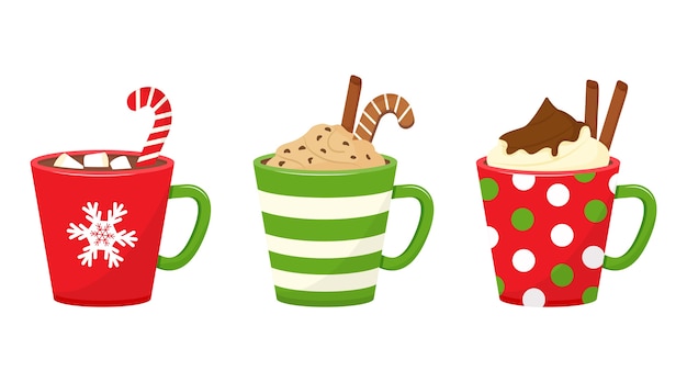 Copas de Navidad de invierno con bebidas. Tazas navideñas con chocolate caliente, cacao o café y crema. Bastón de caramelo, palitos de canela, malvaviscos. ilustración