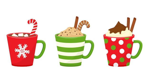 Copas de navidad de invierno con bebidas. tazas navideñas con chocolate caliente, cacao o café y crema. bastón de caramelo, palitos de canela, malvaviscos. ilustración