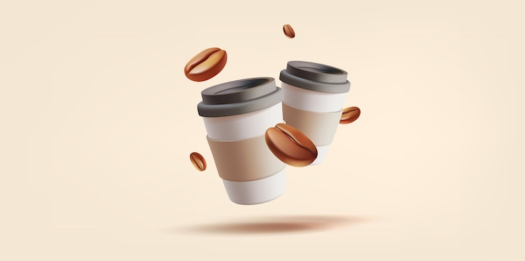 Vector copas de papel con café y granos de café 3d hermosa composición realista para la publicidad