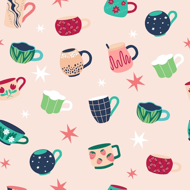 Copas con patrón sin costuras en fondo rosa taza y taza bonitas diferentes formas y adornos