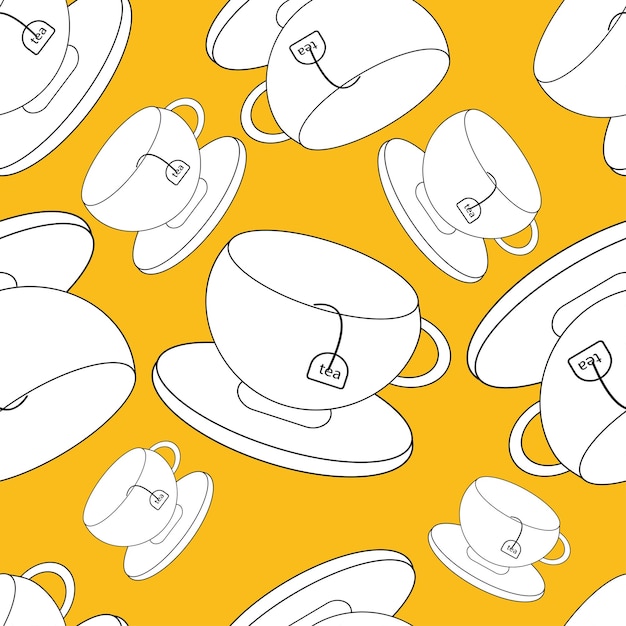 Vector copas de té lindas con un patrón sin costuras sobre fondo amarillo