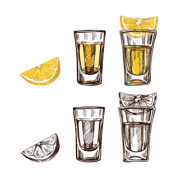Copas de tequila de colores y monocromáticos dibujadas a mano con rebanadas de limón