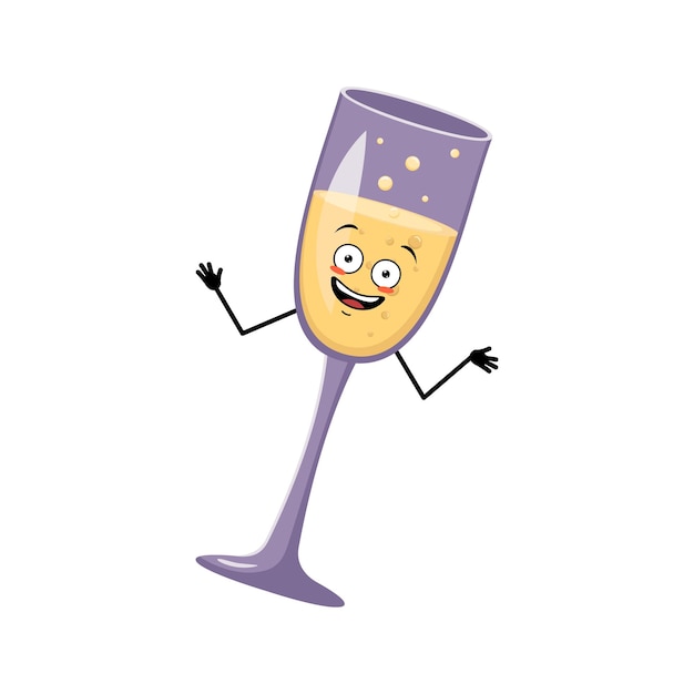 Copas de vino espumoso con emoción feliz, cara alegre, ojos sonrientes, brazos y piernas bailando. Hombre de alcohol para Navidad y Año Nuevo. Ilustración plana vectorial