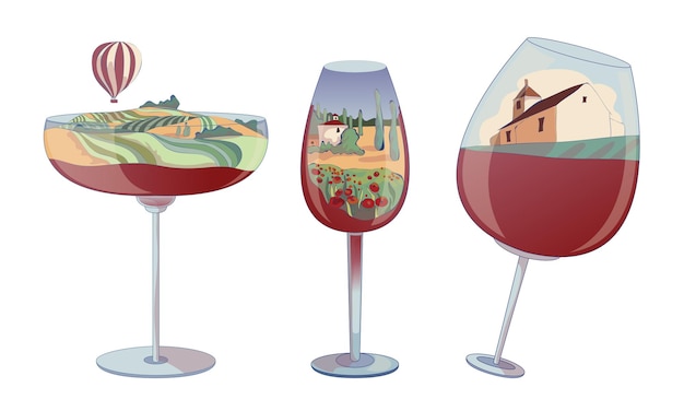 Copas de vino con líquido rojo en el fondo y paisaje de viña dentro del conjunto vectorial