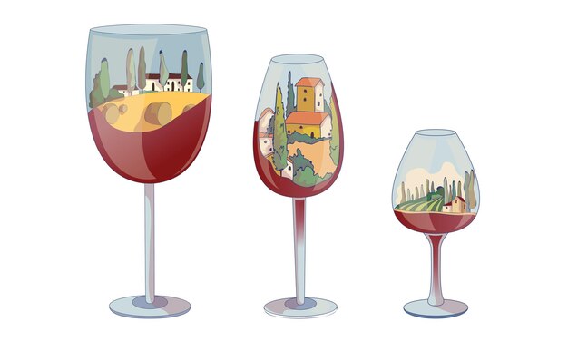 Copas de vino con líquido rojo en el fondo y paisaje de viña dentro del conjunto vectorial