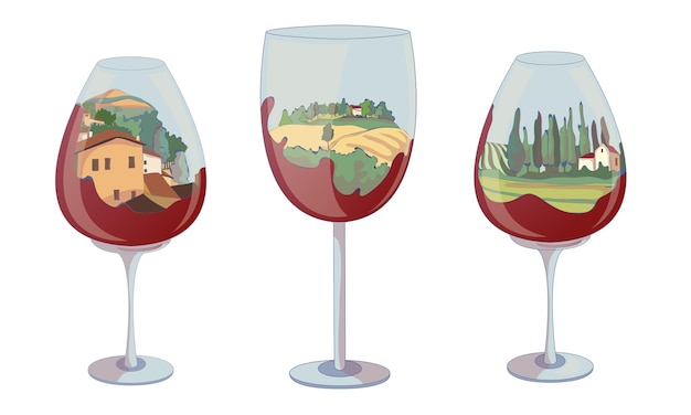 Copas de vino con líquido rojo en el fondo y paisaje de viña dentro del conjunto vectorial