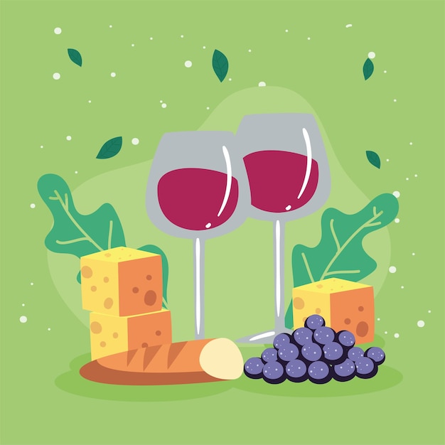 Copas de vino tinto con pan, queso y uvas