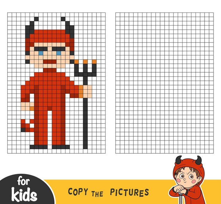 Vector copia la imagen por cuadrados, juego educativo para niños, diablo