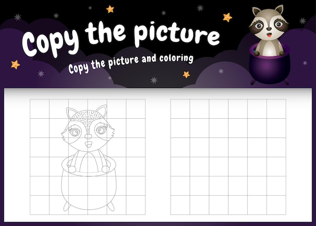 copia la imagen del juego para niños y la página para colorear con un lindo mapache usando un disfraz de halloween