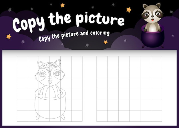 Copia la imagen del juego para niños y la página para colorear con un lindo mapache usando un disfraz de halloween