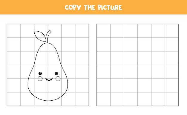 Copia la imagen de la linda pera kawaii. Juego educativo para niños. Práctica de escritura a mano.