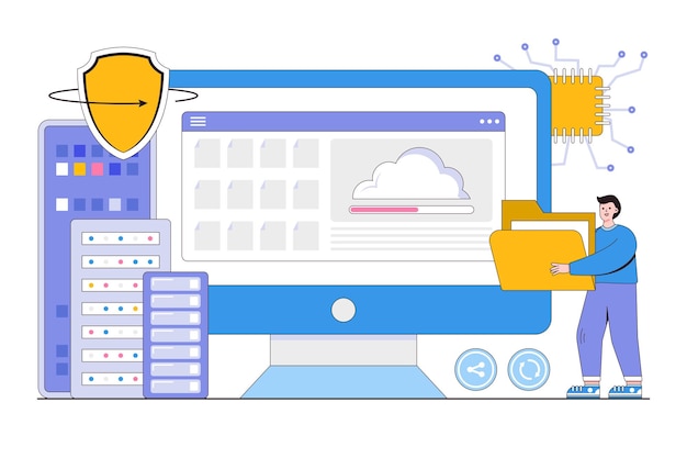 Copia de seguridad de carga de archivos de tecnología empresarial plana en el concepto de almacenamiento de servidor en la nube ilustración de vector mínimo de estilo de diseño de esquema