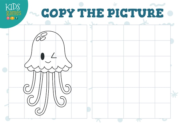 Copiar imagen por ilustración de cuadrícula rompecabezas de minijuego educativo para niños en edad preescolar medusas de contorno de dibujos animados para ejercicio de dibujo