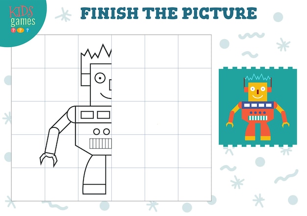 Copiar imagen. juego completo y para colorear para niños en edad preescolar y escolar. lindo esquema de robot humanoide para actividades de dibujo y educación
