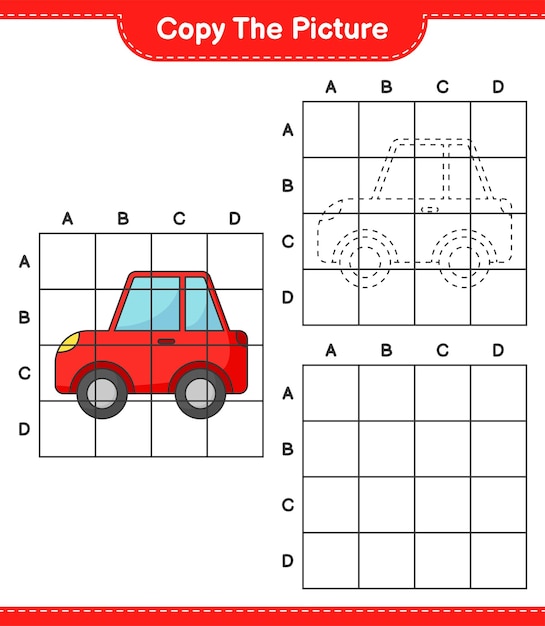 Copie la imagen copie la imagen del automóvil usando líneas de cuadrícula Juego educativo para niños hoja de cálculo imprimible ilustración vectorial