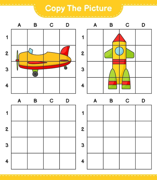 Copie la imagen copie la imagen del avión y el cohete usando líneas de cuadrícula Juego educativo para niños hoja de cálculo imprimible ilustración vectorial