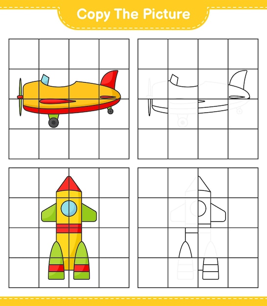 Copie la imagen copie la imagen del avión y el cohete usando líneas de cuadrícula Juego educativo para niños hoja de cálculo imprimible ilustración vectorial