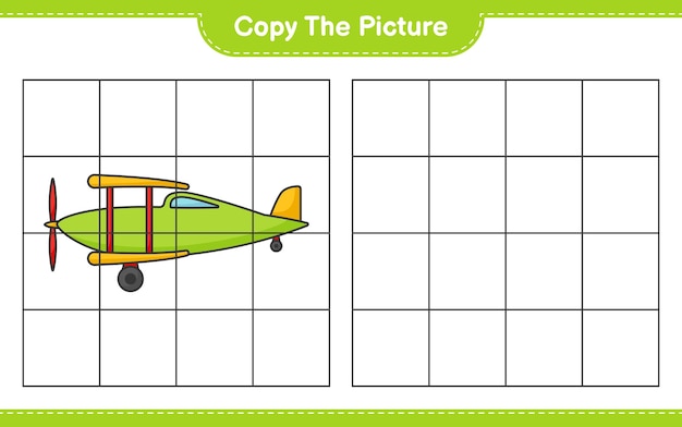 Copie la imagen copie la imagen del avión usando líneas de cuadrícula Juego educativo para niños hoja de cálculo imprimible ilustración vectorial