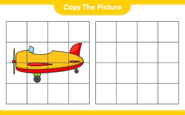 Copie la imagen copie la imagen del avión usando líneas de cuadrícula Juego educativo para niños hoja de cálculo imprimible ilustración vectorial