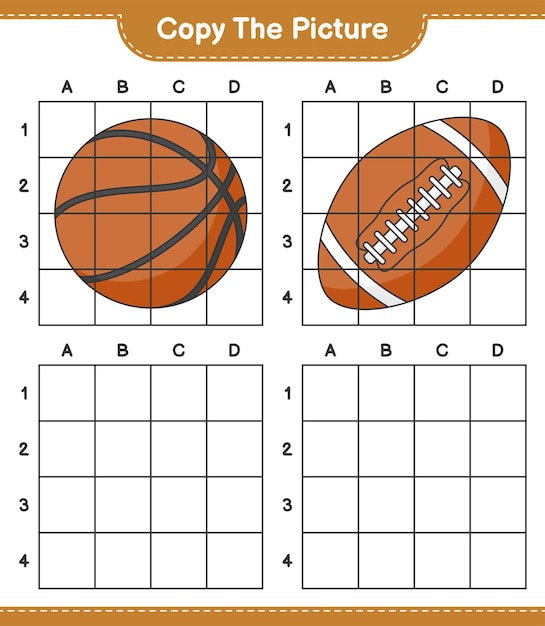 Copie la imagen, copie la imagen de baloncesto y pelota de rugby usando líneas de cuadrícula. Juego educativo para niños, hoja de trabajo imprimible, ilustración vectorial