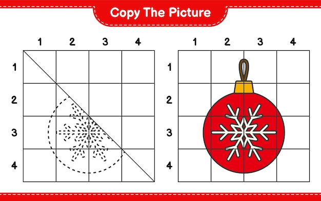 Copie la imagen, copie la imagen de las bolas de Navidad usando líneas de cuadrícula. Juego educativo para niños, hoja de trabajo imprimible